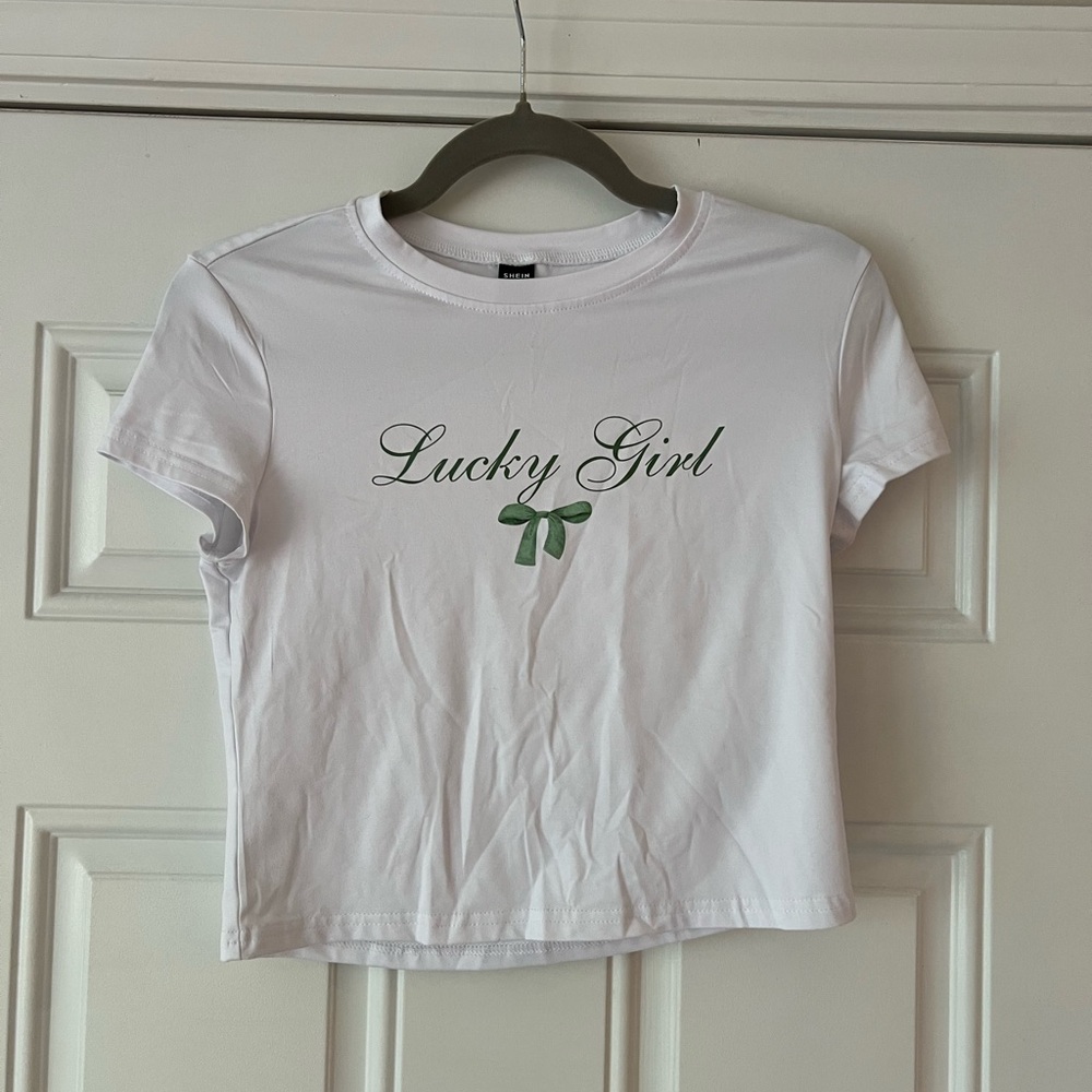 SHEIN White Tee with Green Script Graphic